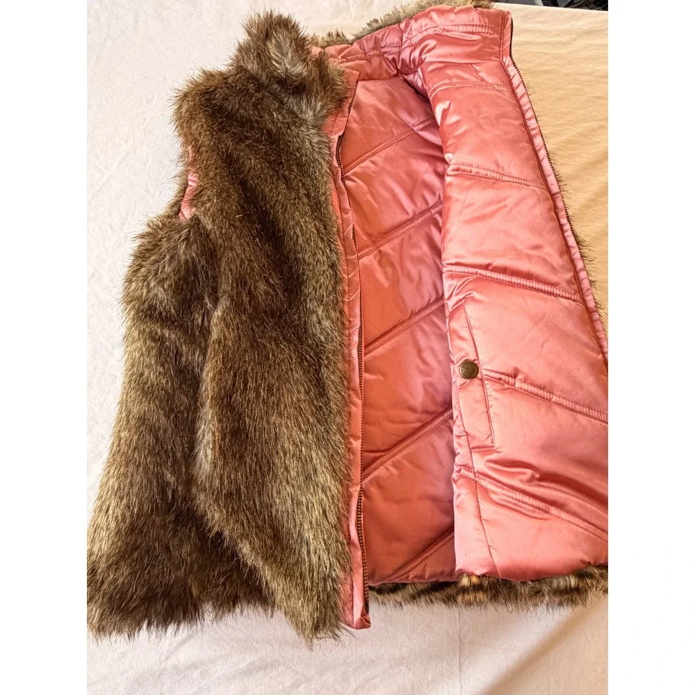 Gap Kids Faux Fur Vest‎ XXL 14-16 Brown Pink Shaggy Zip Up Quilted HOL'07 303592